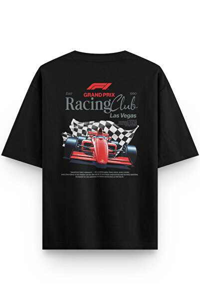 Overoz Formula 1 Grand Prix Las Vegas Racing Club Back Printed Semi Oversized Black Tshirt 1412