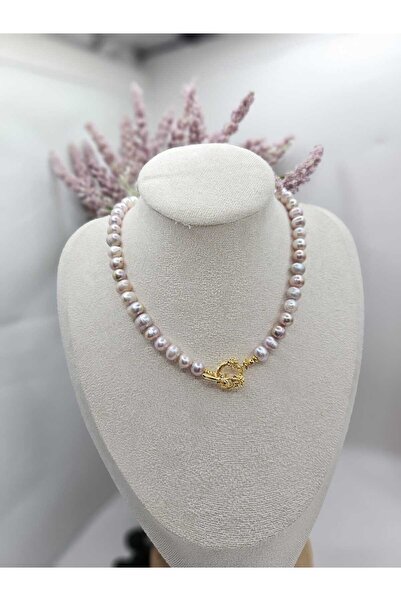 İNCİORA JEWELRY GERÇEK DOĞAL MOR 8-9 mm İNCİ GÜL DETAYLI O-T KAPAMALI KOLYE