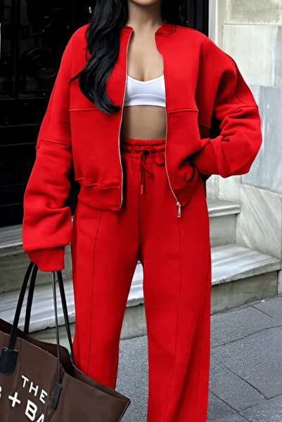 ruNadeS Women's Winter 3 Thread Ç piped Palazzo Bomber Cardigan Tracksuit Set