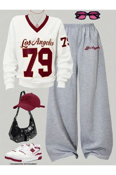 VESTIR BIEN طقم لوس أنجلوس مطبوع ذو الرقبة على شكل حرف V باللونين الأبيض والر...