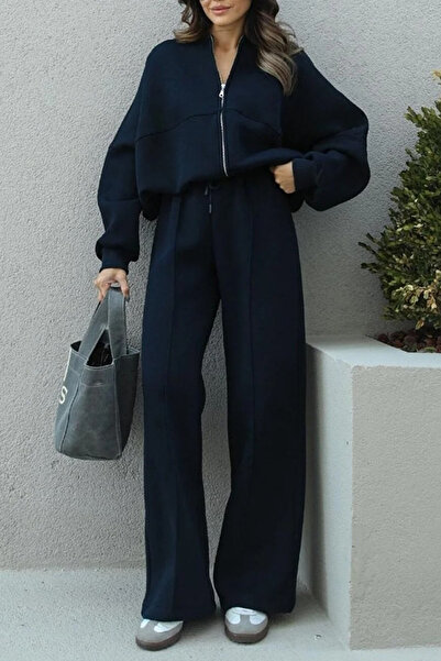 ruNadeS Women's Trend Flared Ç piped Bomber Zippered Tracksuit Set