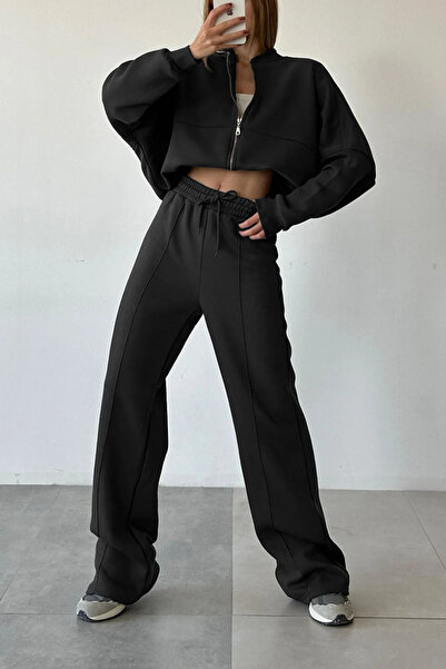 ruNadeS Women's Bomber High Waist Palazzo Oversized Tracksuit Set