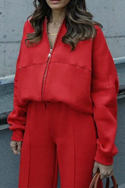 ruNadeS Women's Trend Flared Ç piped Bomber Zippered Tracksuit Set