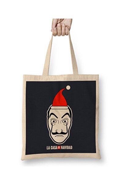 Toyaso La Casa De Navidad Money Heist Christmas New Year White Cloth Bag Long Handle Shopping Bag