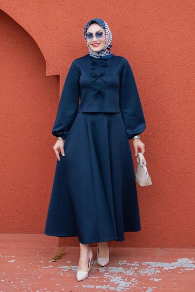 Sublime Butik Kadın Etekli Tesettür Takım Koyu Lacivert Fiyonk Detaylı