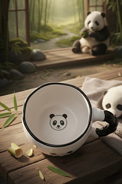 Çağ Seramik Panda Desenli El Yapımı Seramik Kupa – Siyah Kulplu Krem Kahve Ku...
