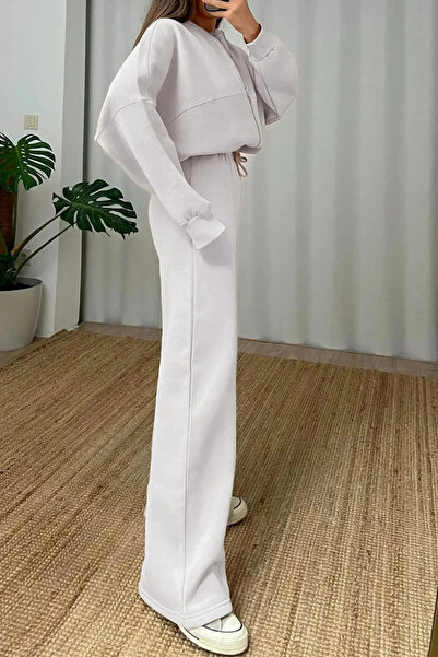 ruNadeS Women's 3 Thread Fleece Lined Palazzo Bomber Tracksuit Set