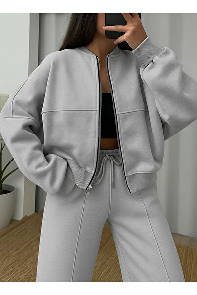 ruNadeS Women's 3 Thread Fleece Lined Palazzo Bomber Tracksuit Set