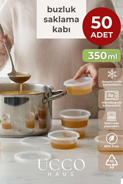 UCCO 50 Adet 350 ml Sızdırmaz Kapaklı Sosluk Buzluk Saklama Kabı, Et Suyu, Ke...