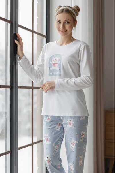 PEMBİŞ HOMEWEAR KADIN PİJAMA TAKIMI UZUN KOLLU MAVİ AYI DESEN