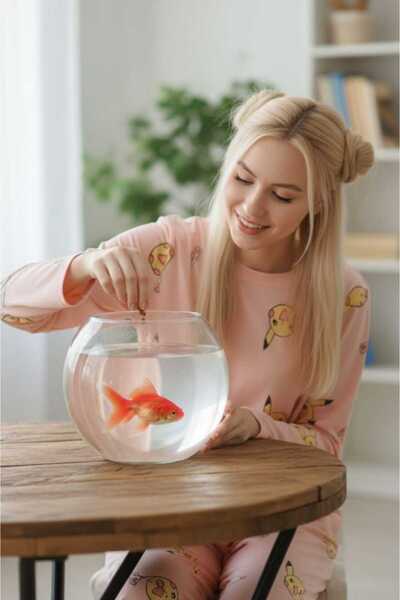 PEMBİŞ HOMEWEAR KADIN PİJAMA TAKIMI UZUN KOLLU SARI TAVSAN DESEN