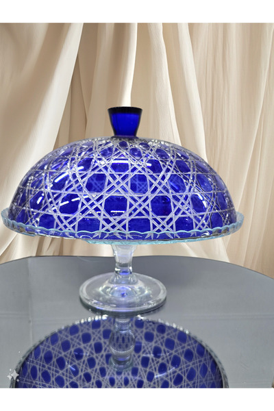 Glowvera Ayaklı Kapaklı Kesme Kristal Cam -Renkli KeK Fanusu -Pasta Sunum/- Kurabiyelik-Meyvelik