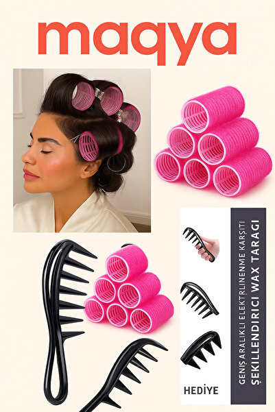 MAQYA KOZMETİK 6lı Orta Boy Bigudi Cırtlı - Yapışkanlı Saç Bigudisi-AÇMA TARAĞI HEDİYE!- Isı Gerektirmez