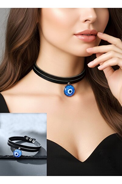 LADYMİRAGE Evil Eye Bead Genuine Leather Design Choker Necklace