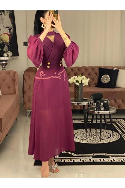 Elegent Burgundy chiffon dress with a double design and puffed sleeves