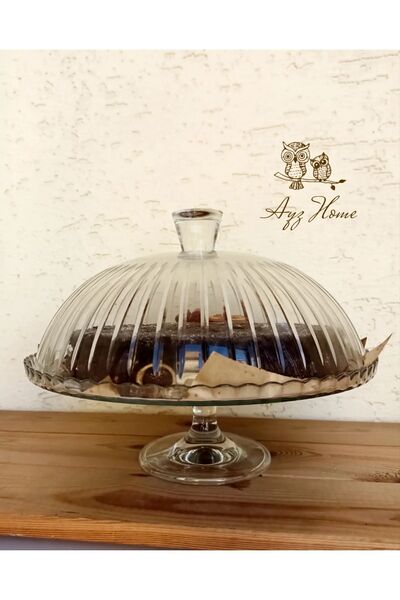 Glowvera Ayaklı Kapaklı Kesme Kristal Cam -çizgi Desen Kek Fanusu -pasta Sunu...