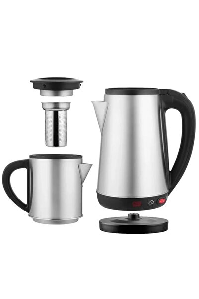 Crown Crw-2201 1800W 1.8 - 0.8 Liter Steel Bowl Tea Maker Kitchen Kettle with Teapot and Strainer Inox