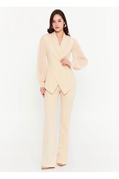 DEV LINE Nude Suit with Asymmetric Jacket and Puff Sleeves