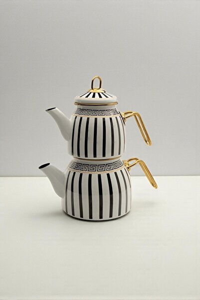 Yaren Style Enamel Teapot Set Black and White Striped with Gold Color Metal Handle Luxury Design