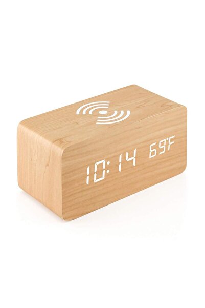 Vivante Wooden LED Alarm Clock Wireless Charger USB Electronic Digital Desk Alarm Clock
