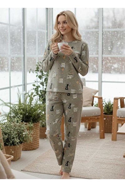 PEMBİŞ HOMEWEAR KADIN PİJAMA TAKIMI UZUN KOLLU YESİL KEDİ DESENLİ