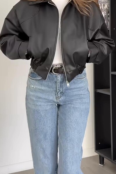 PRİFALDİ Jachetă din piele London Oversize Bomber cu talie elastică, neagră