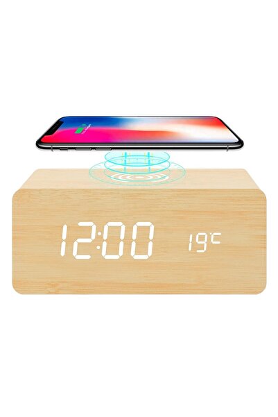 Vivante Wooden LED Alarm Clock Wireless Charger USB Electronic Digital Desk Alarm Clock