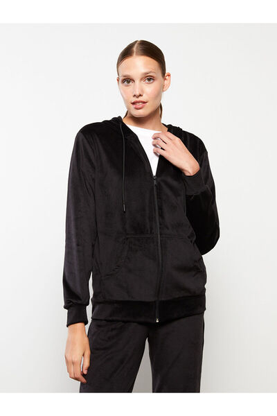 LC Waikiki Azestrend Yeni Sezon Kapüşonlu Düz Uzun Kollu Kadife Kadın Spor Hırka
