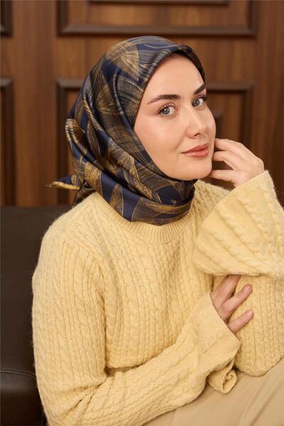 Silk Home Navy Blue Gold Leaf Pattern Tivil Woven Pure Silk Scarf-Kvs0865