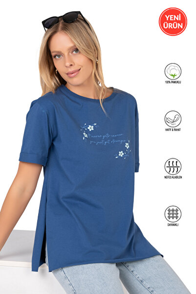 ÖZKAN underwear Özkan 27598 Women's 100% Cotton No Lycra Single Jersey Combed Cotton Fabric Short Sleeve T-Shirt with Slit Detail Bicycle