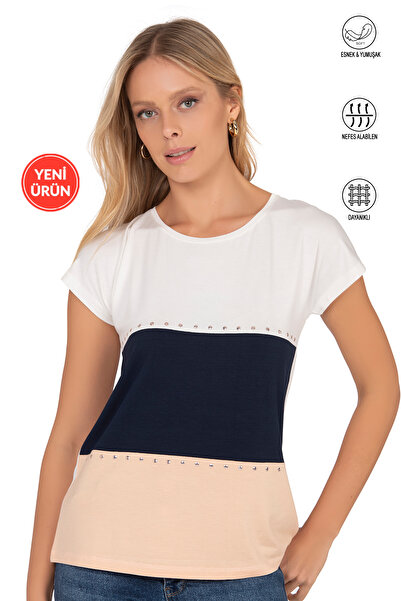 ÖZKAN underwear Özkan 25874 Women's Vorteks Viscose Premium Fabric Stone Detailed Short Sleeve Knitted Blouse