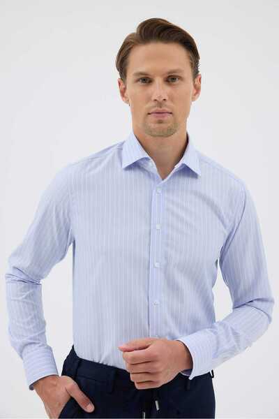 Paşahan Non-Iron Blue and White Striped 100% Cotton Comfort Fit Shirt
