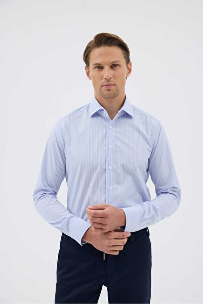 Paşahan Non-Iron Blue and White Striped 100% Cotton Comfort Fit Shirt
