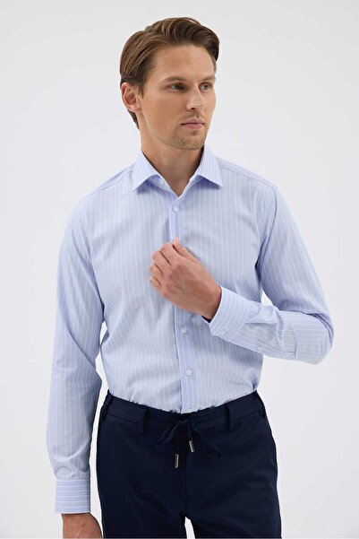 Paşahan Non-Iron Blue and White Striped 100% Cotton Comfort Fit Shirt