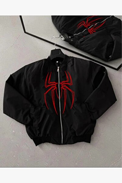 İNDİRİM MODAM معطف بومبر أسود بنقشة العنكبوت – للجنسين، بسحاب، مبطن بالقماش