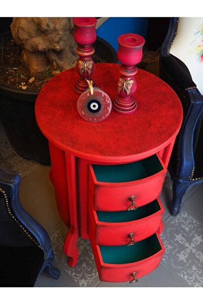 RENDORA MOBİLYA 3 çekmeceli Kırmızı Eskitme Detaylı Vintage Komodin