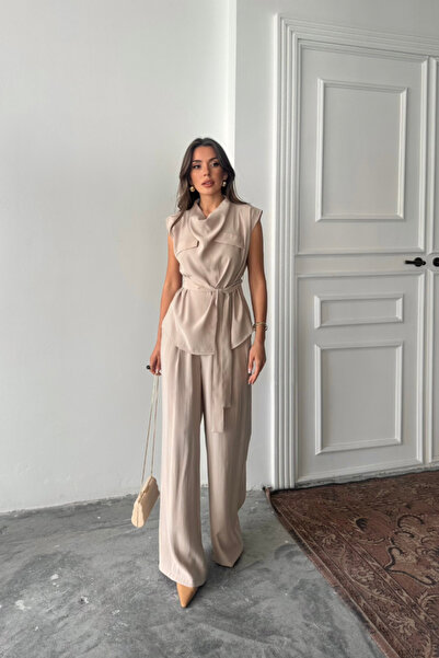 Modayakamoz Modal Sleeveless Bluz Off Pocket Detail Drape - Pants Suit - Beige