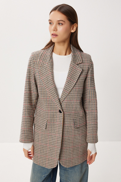 Lovelyİstanbul Jachetă blazer simplă cu carouri din pernițe pentru umeri piese LXA0019 BLACK BONE