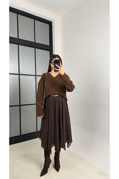 Gaus Coffee Floral Embroidered Lined Tulle Skirt Gaus-00757