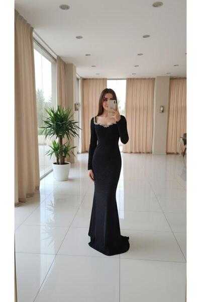 Modafeminen Sweetheart Neckline Fish Model Flowers Fabric Evening Dress Black 583376