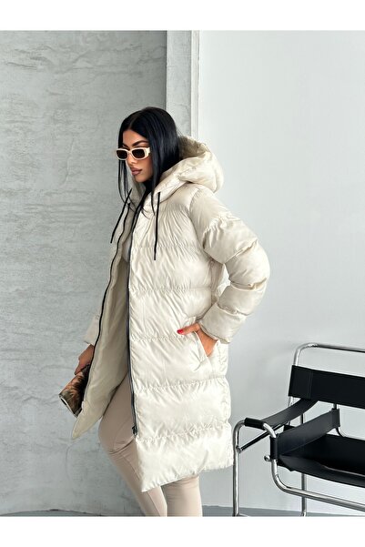 Fashionbox Women's Gel Padding Hooded Zipper Long Puffer Coat 25122
