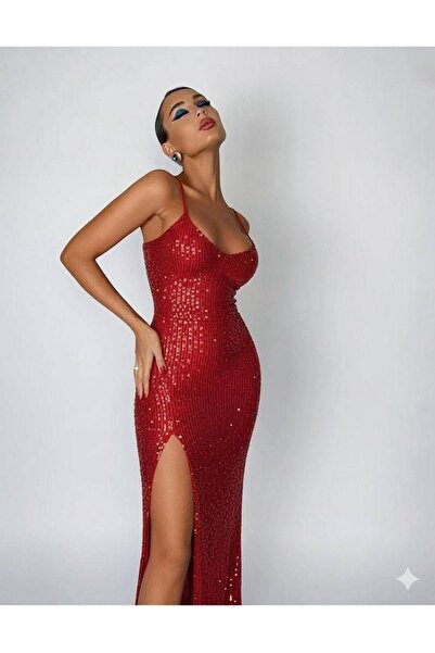 sajarsln Sequined Lined Hidden Zipper at Back Slit Low-Cut Stretch Fabric Evening Dress
