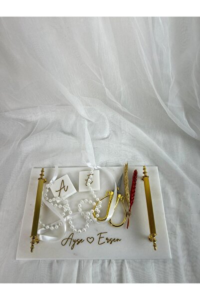 MERALP Kişiye Özel Mermer Söz/ Nişan Tepsisi Makas kurdele Yüzüklük ,Antik Metal Profil Kulp