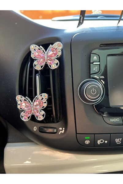 ELENKA زينة مكيف الهواء بمشبك داخل السيارة، زينة فتحة التهوية بحجر الزركون الماسي على شكل فراشة وردية اللون، قطعتان