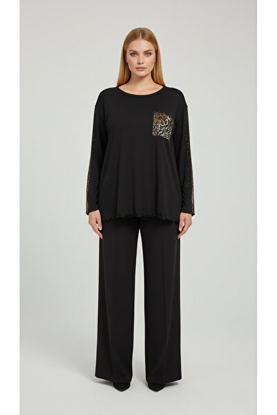 şuranur Stone Patterned Long Sleeve Bamboo Viscose Fabric Blouse