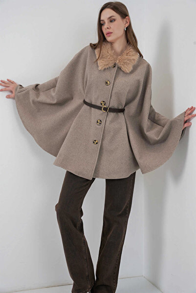 hazelin Women's Beige Fur Collar Buttoned Belted Cashmere Poncho Hzl25W-Bd191651