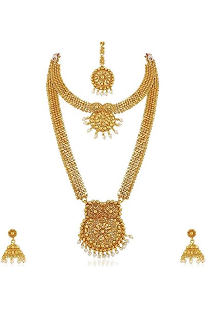 erorex طقم قلادة طويلة من مجموعة Aheli Wedding Wear ذهبية اللون محفور عليها صورة إلهة على عملة معدنية من جنوب الهند التقليدية...