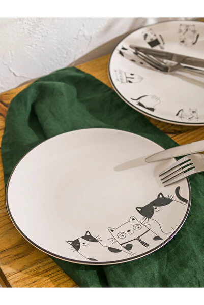 LC Waikiki Kedi Printed Ceramic 2-Piece Cake Plate - 20 cm