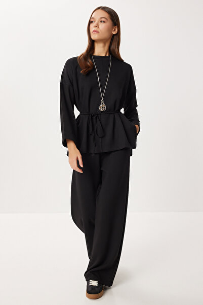 Lovelyİstanbul Lace-Up Detailed Top and Bottom Modal Set Lby0026 Black