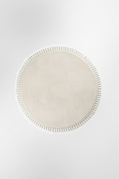 Meta Halı Rölyef Joy Daire Krem Kaymaz Taban Kesme Halı Pon Pon Saçak